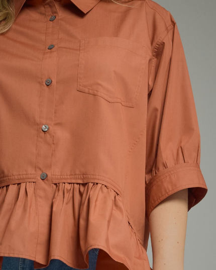 Button Up Ruffle Clay Blouse - Extended Size