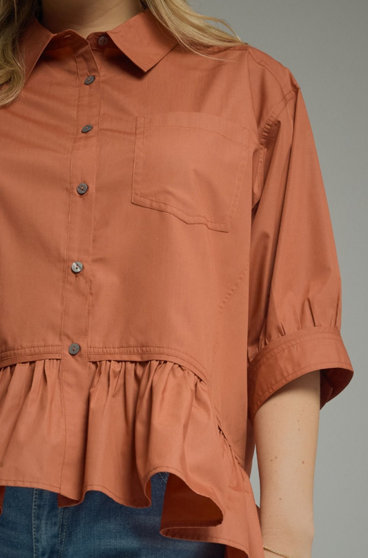 Button Up Ruffle Clay Blouse - Extended Size