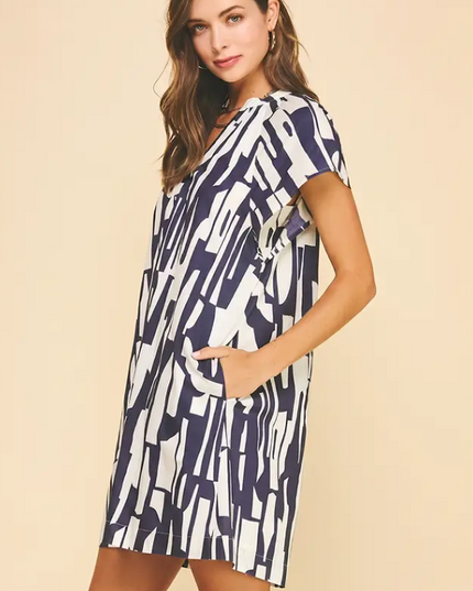 Abstract Pattern Navy/Peony Mini Dress