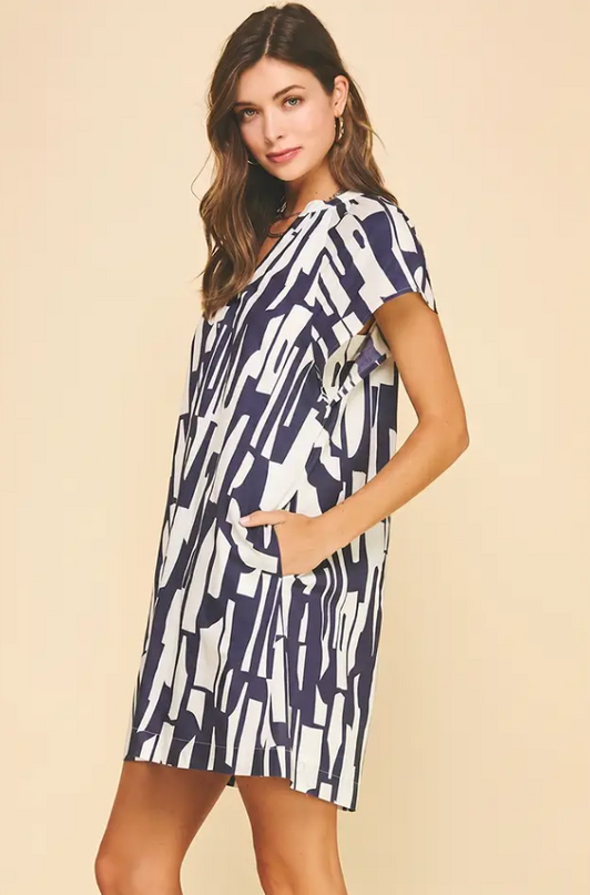 Abstract Pattern Navy/Peony Mini Dress