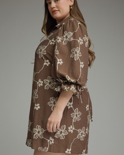 Floral Brown Cinched Mini Dress - Extended Size
