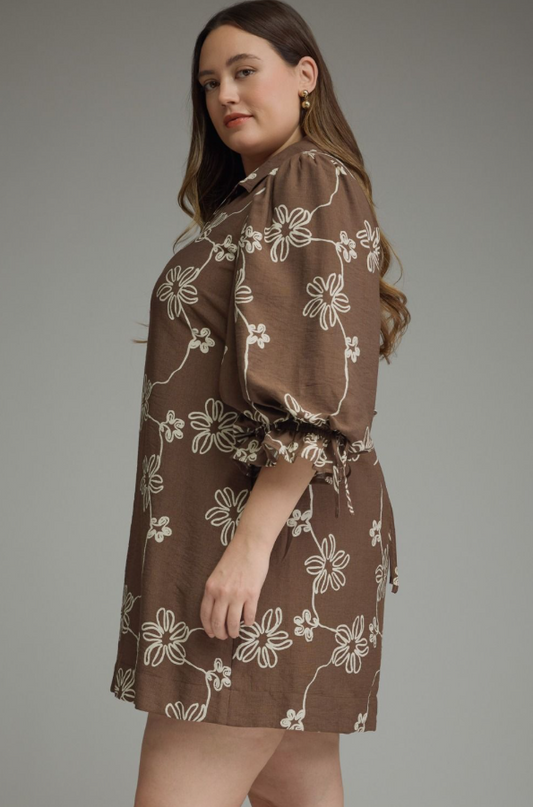 Floral Brown Cinched Mini Dress - Extended Size