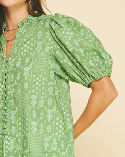 Floral Deep Sage Button Blouse