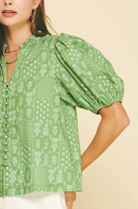 Floral Deep Sage Button Blouse