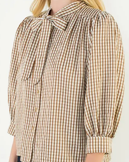 Button-Up Brown Plaid Blouse
