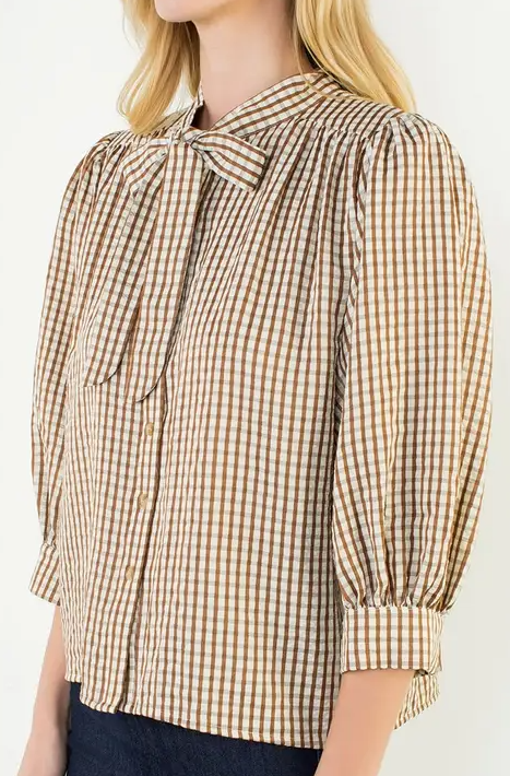 Button-Up Brown Plaid Blouse