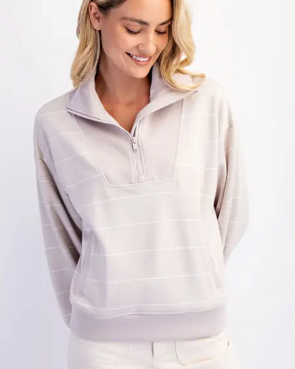 Modal Stripe Mocha Quarter Zip Pullover Activewear in at Wrapsody