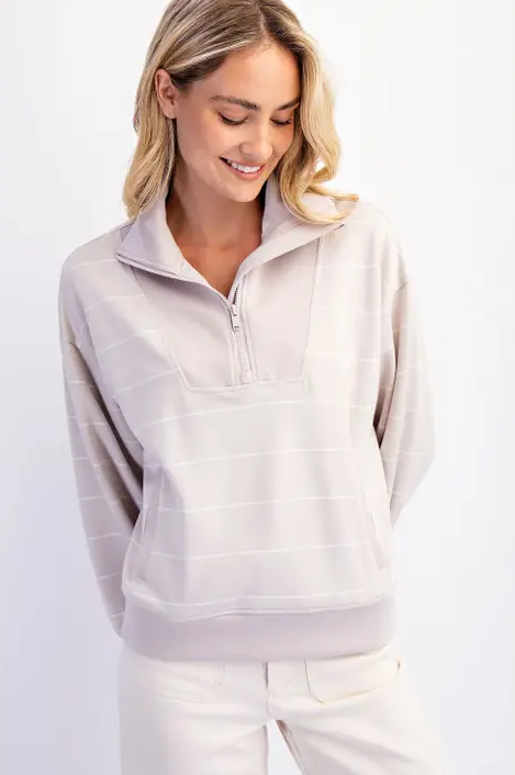 Modal Stripe Mocha Quarter Zip Pullover Activewear in at Wrapsody