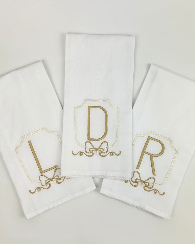 Towel Initial Ivory & Gold with Bow Kitchen Towels in A at Wrapsody