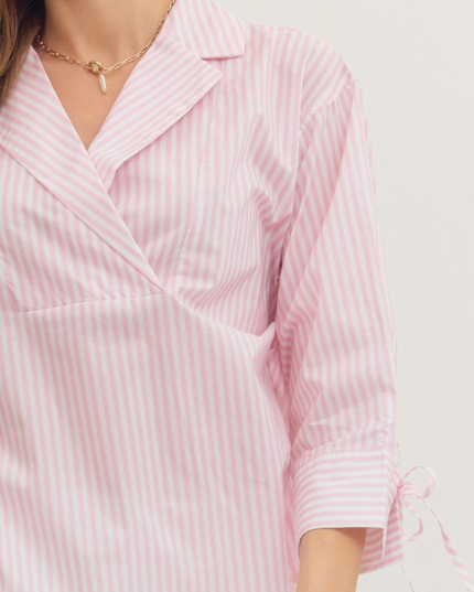 Front Wrap Light Pink Striped Blouse Tops in at Wrapsody