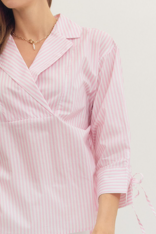 Front Wrap Light Pink Striped Blouse Tops in at Wrapsody