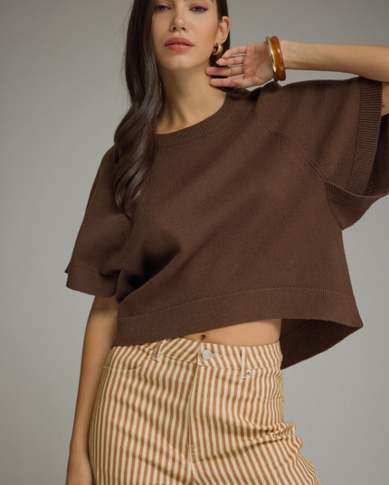 Ribbed Wide Sleeve Brown Sweater
