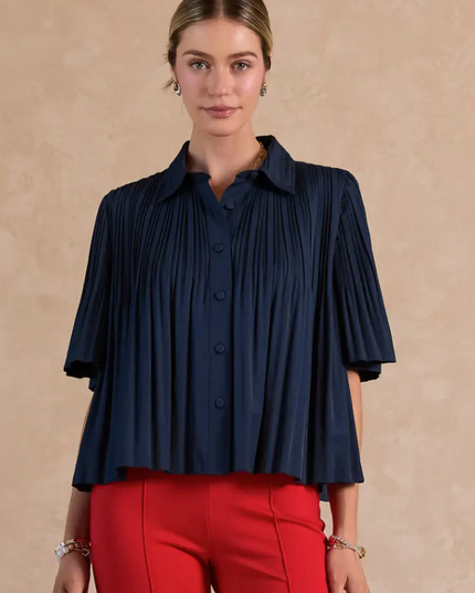 Button-Up Pleated Navy Blouse Tops in XS at Wrapsody