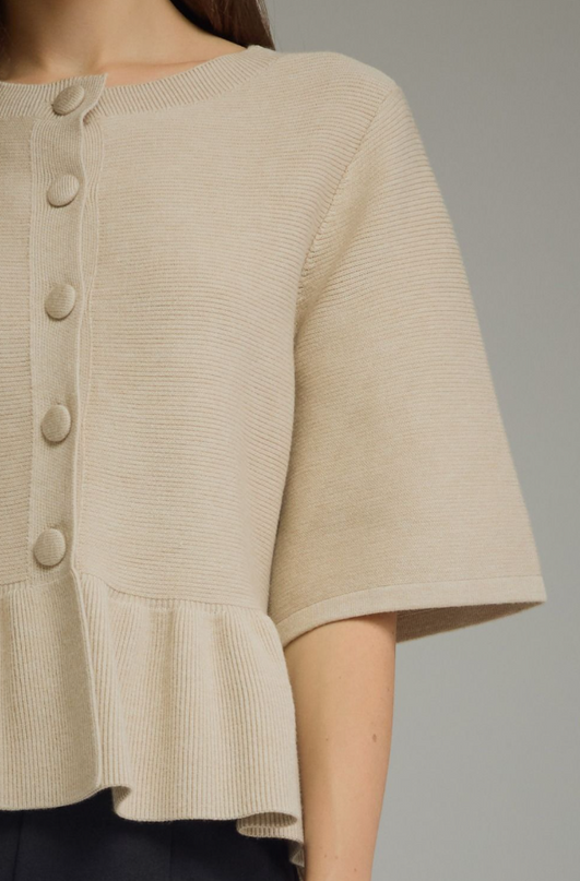 Ribbed Ruffle Hem Oatmeal Cardigan