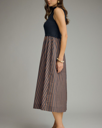 Knit and Striped Bottom Navy Midi Dress