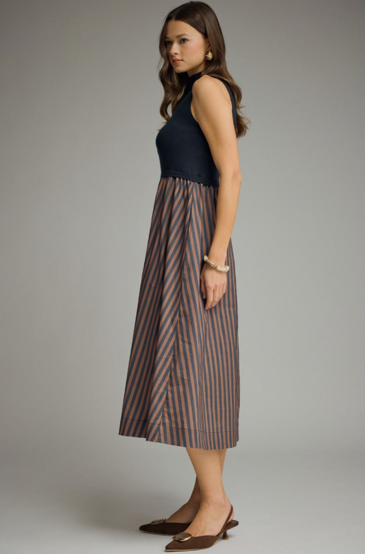 Knit and Striped Bottom Navy Midi Dress