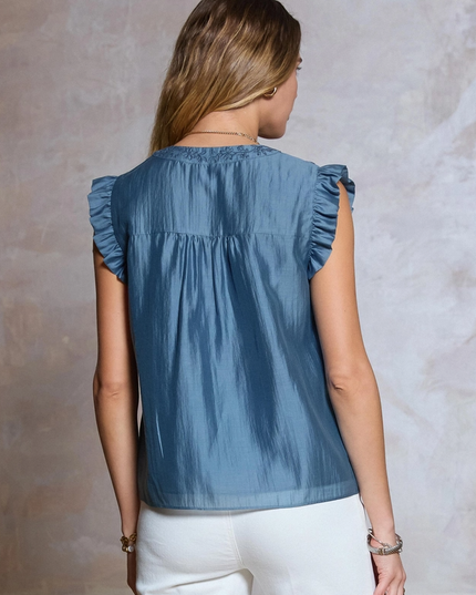 Dusty Blue Floral Ruffle Sleeve Blouse Tops in at Wrapsody
