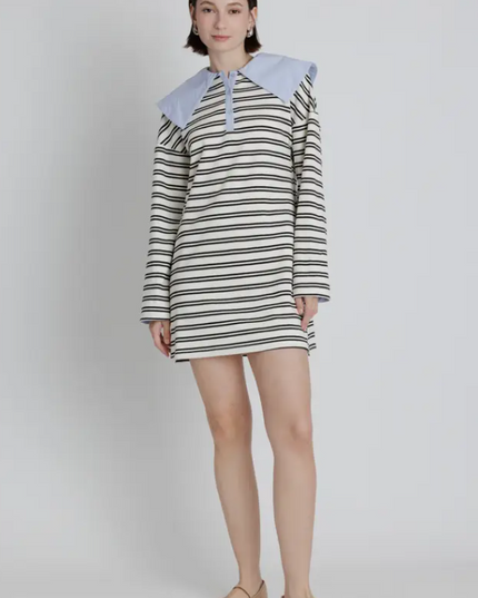Striped Mini Dress with Oversized Collar