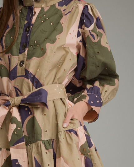 Eyelet Pattern Olive Combo Mini Dress