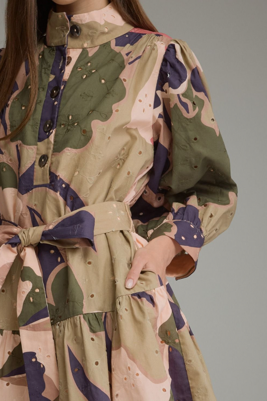 Eyelet Pattern Olive Combo Mini Dress