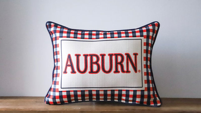 Auburn Gingham Pillow with Navy Piping Pillows in at Wrapsody