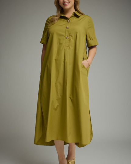 Cuff Sleeve Martini Olive Midi Dress - Extended Size