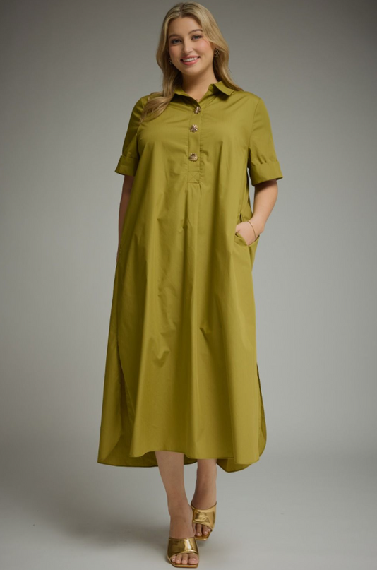 Cuff Sleeve Martini Olive Midi Dress - Extended Size