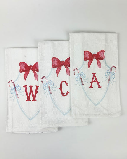 Candy Cane Crest Initial Herringbone Kitchen Towel Kitchen Towels in A at Wrapsody