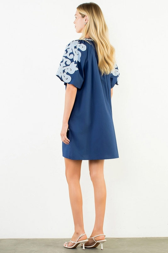 Embroidered Bubble Sleeve Navy Mini Dress