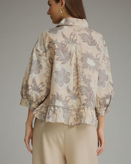 Button-Up Ruffle Floral Ecru Blouse Tops in at Wrapsody