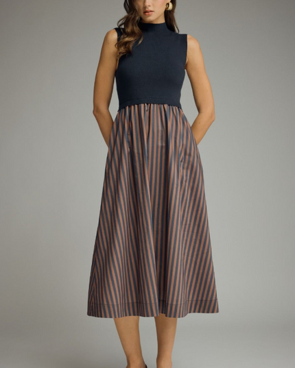 Knit and Striped Bottom Navy Midi Dress