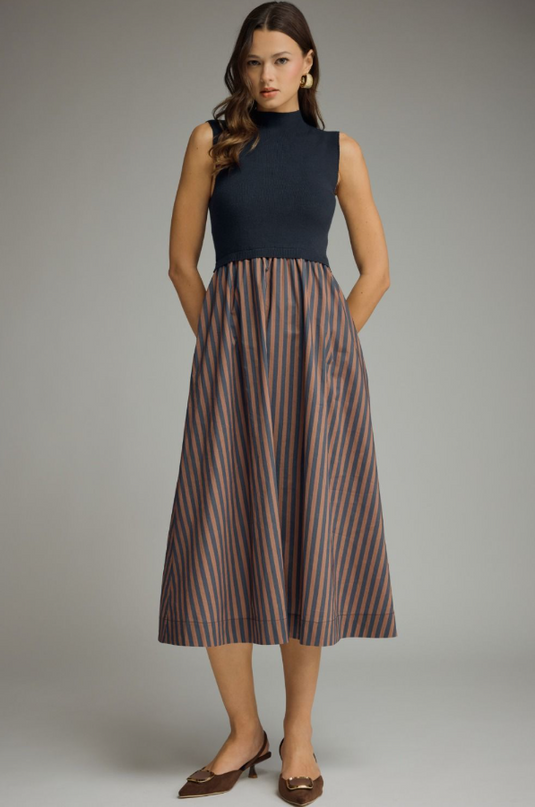 Knit and Striped Bottom Navy Midi Dress