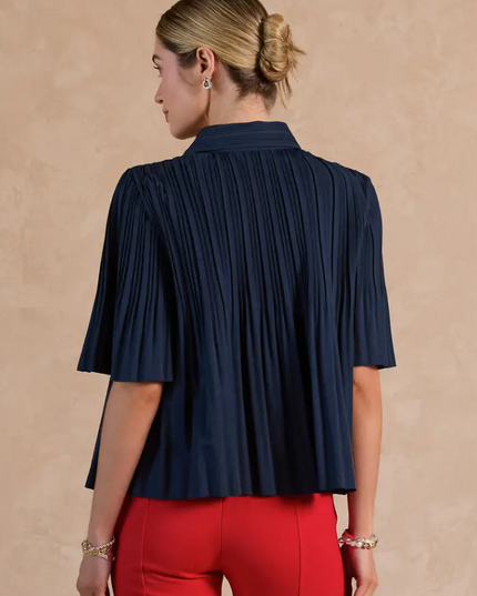 Button-Up Pleated Navy Blouse Tops in at Wrapsody