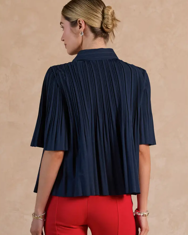 Button-Up Pleated Navy Blouse Tops in at Wrapsody