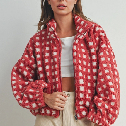 Checked Red/Taupe Sherpa Jacket Outerwear in S at Wrapsody