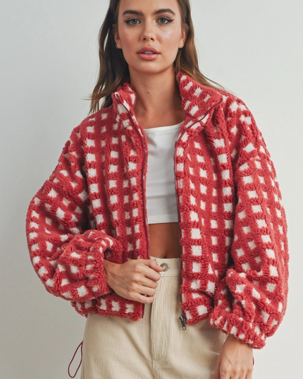 Checked Red/Taupe Sherpa Jacket