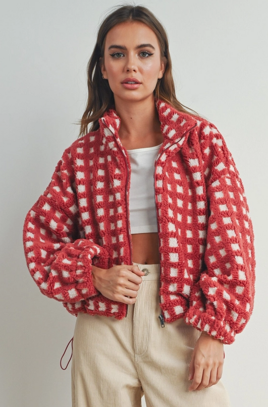 Checked Red/Taupe Sherpa Jacket