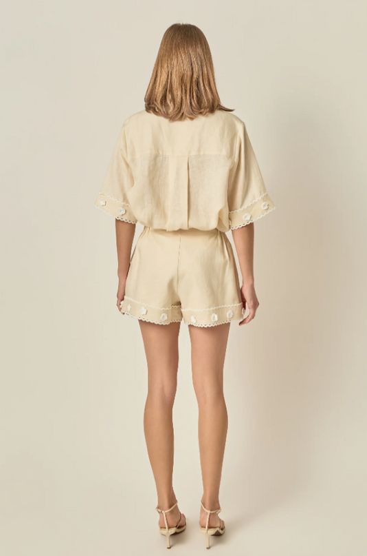 English Factory Linen Floral Beige Shorts Shorts in at Wrapsody