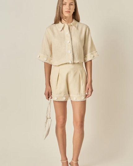 English Factory Linen Floral Beige Button-Up Blouse