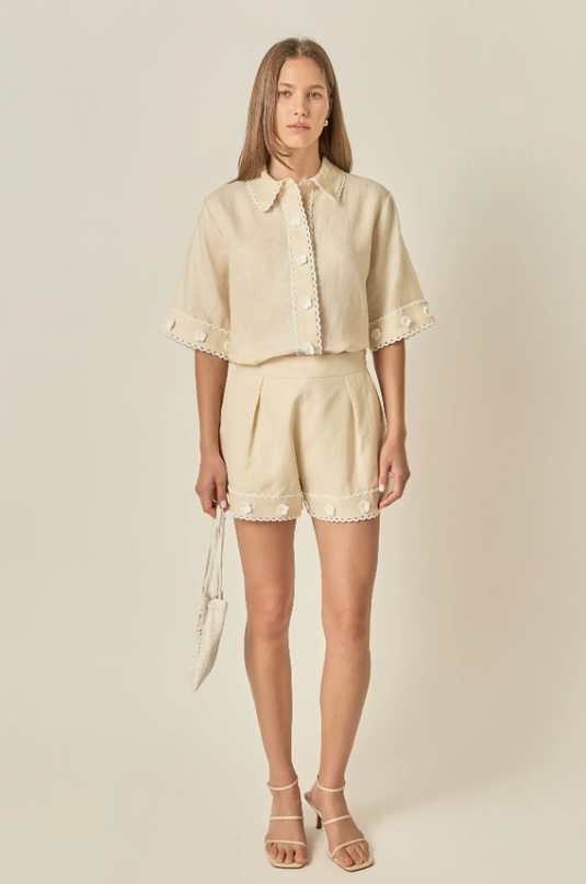 English Factory Linen Floral Beige Button-Up Blouse