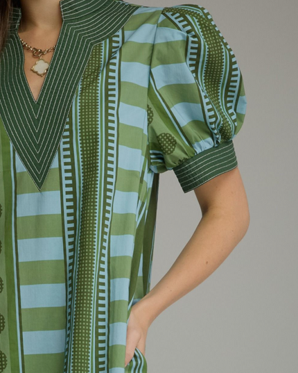 Stripe Printed Olive Midi Dress
