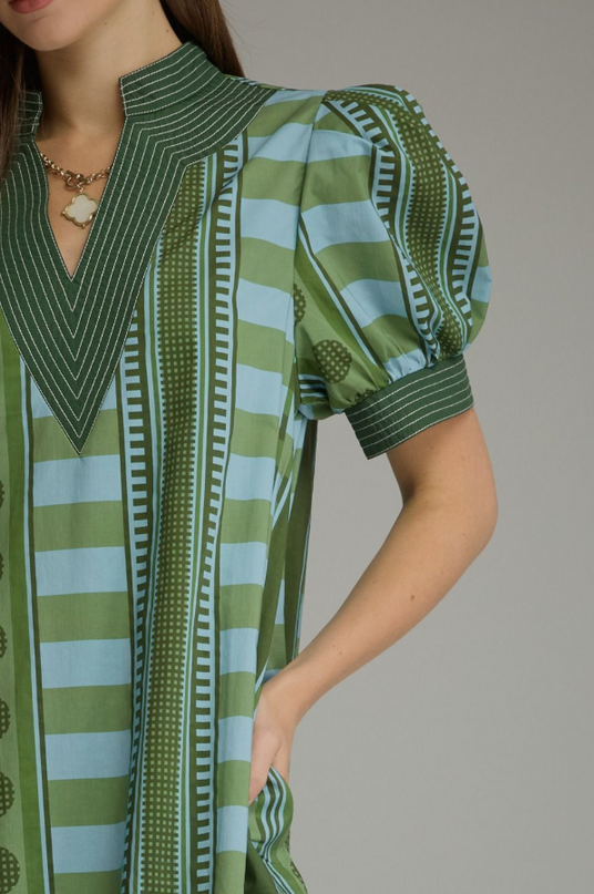 Stripe Printed Olive Midi Dress