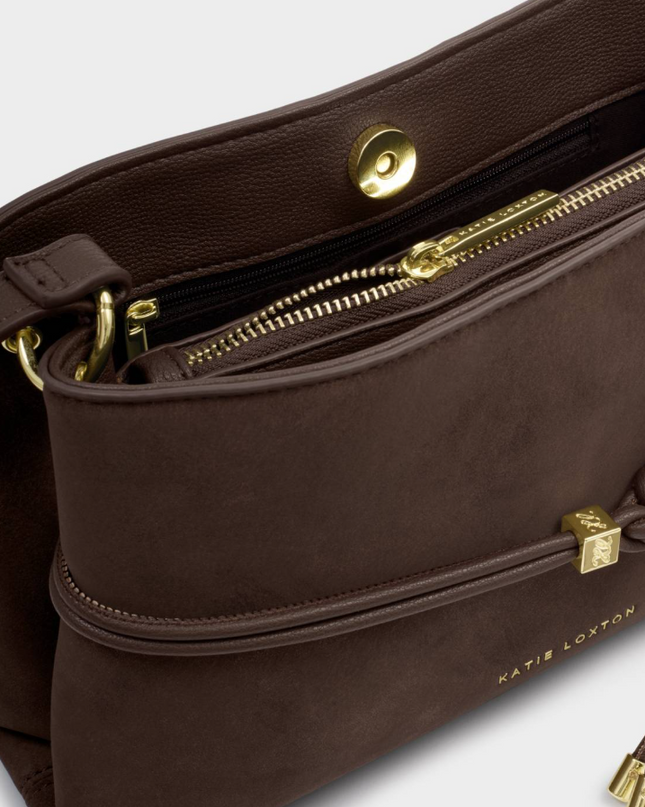 Lori Crossbody Bag Bitter in Chocolate Suedette Handbags in at Wrapsody
