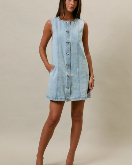 Button-Up Light Denim Mini Dress Dresses in XS at Wrapsody