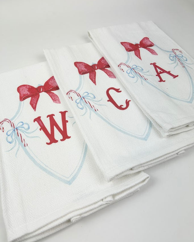 Candy Cane Crest Initial Herringbone Kitchen Towel Kitchen Towels in at Wrapsody