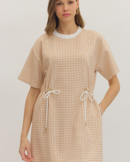 Check Pattern Cinch Ties Tan Mini Dress Dresses in at Wrapsody