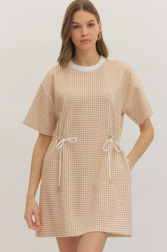 Check Pattern Cinch Ties Tan Mini Dress Dresses in at Wrapsody