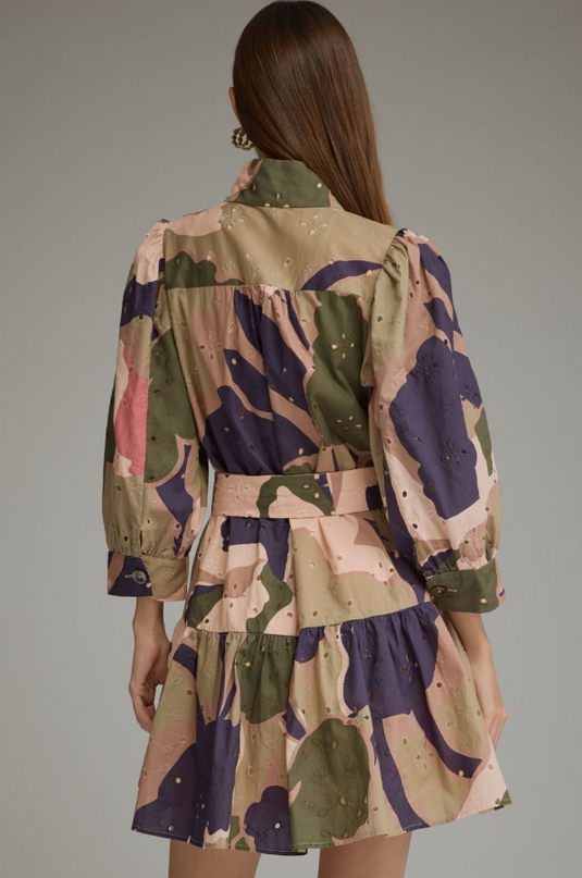 Eyelet Pattern Olive Combo Mini Dress