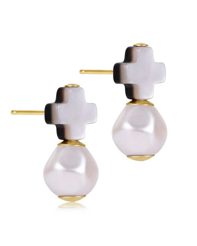 Enewton Signature Cross Gold Stud Mother of Pearl Black Tahitian Earrings in at Wrapsody