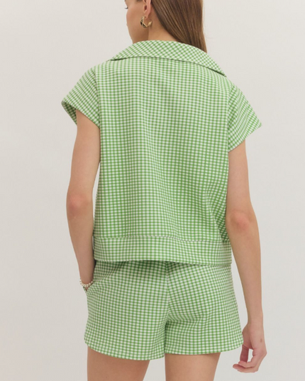 Gingham Green Quarter Zip Shirt Tops in at Wrapsody